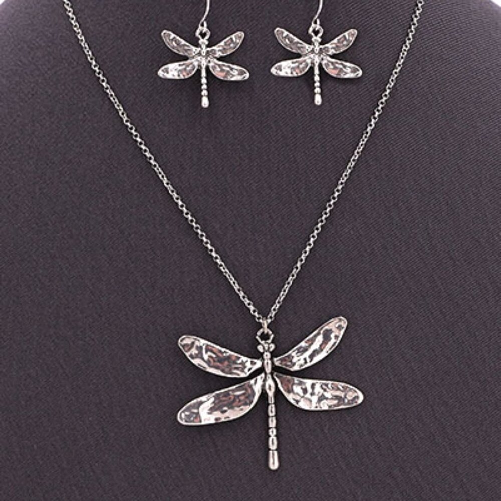 Dragonfly Pendant Earring Set Hammered Finish Euro Hook Earrings Silver NWT